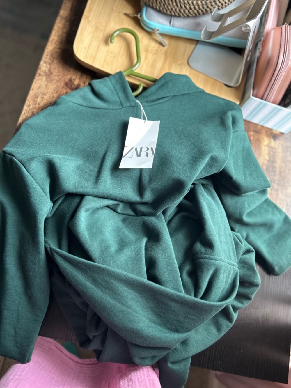 Zara Hunter Green Long Sleeve Draped Midi Hoodie Dress - Picture 4 of 5
